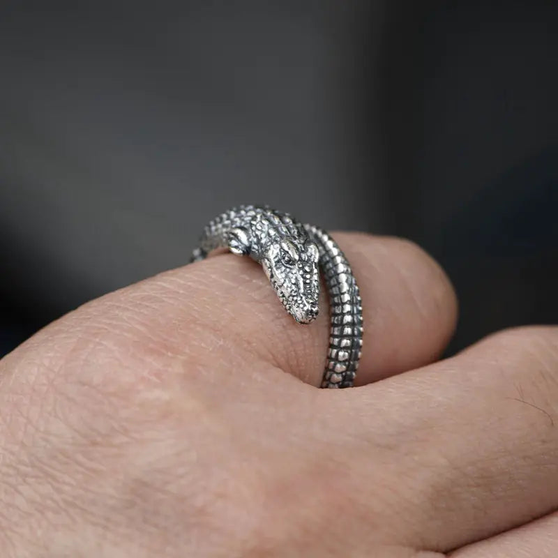 Retro Matte Adjustable Crocodile Silver Ring Ornament